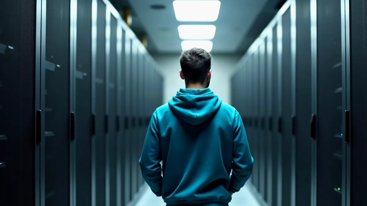 IT-Administrator von hinten im Gang eines Serverraums