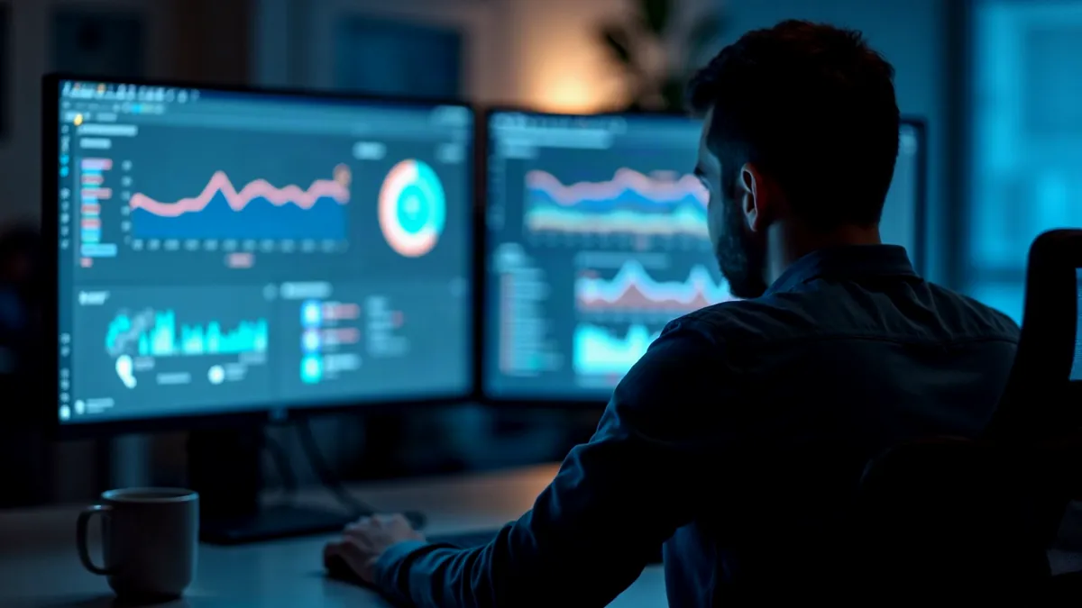 IT-Sicherheitsanalyst von hinten vor zwei Monitoren in einem abgedunkelten Raum