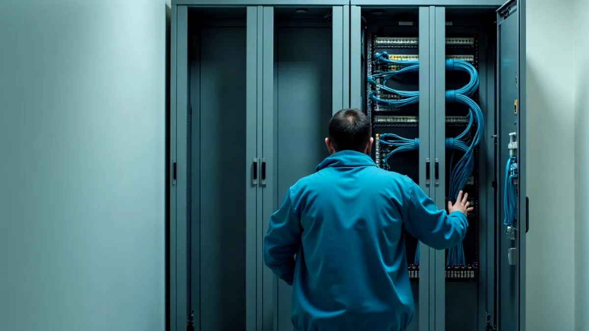 IT-Systemelektroniker kniet von hinten vor einem geöffneten Netzwerkschrank mit Patchkabeln
