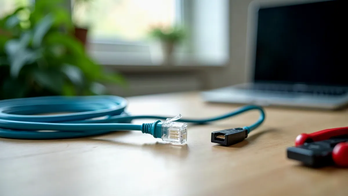 Netzwerkkabel mit Stecker und eine Crimpzange auf einem hellen Arbeitstisch