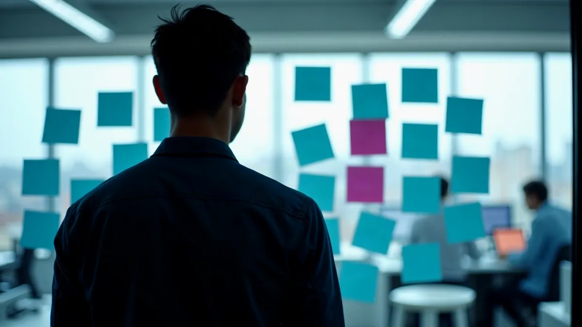 Data Scientist von hinten vor einer Glaswand mit leeren Haftnotizen
