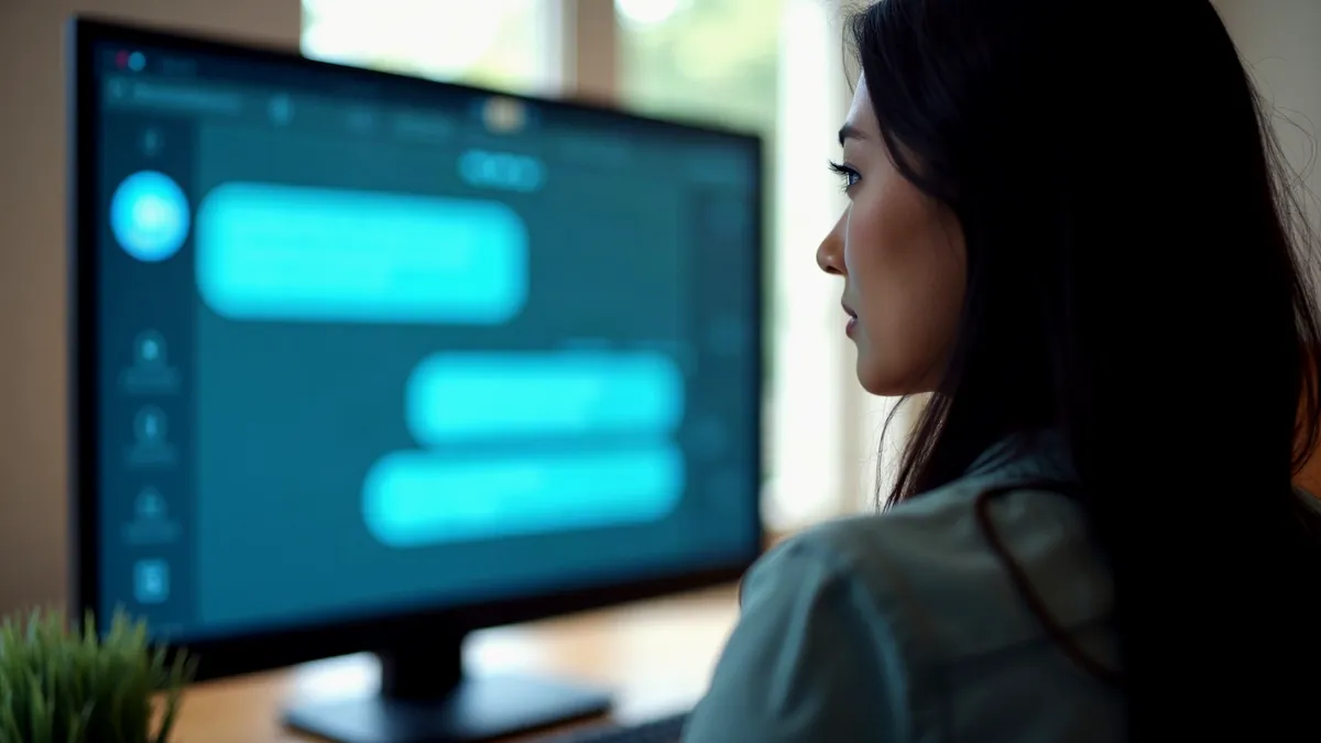 Frau im Profil vor einem Monitor mit unscharfen Chatblasen